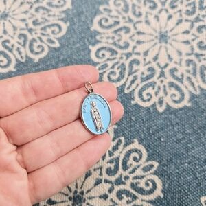 Vintage Silver & Baby Blue Saint St Peregrine Medal Medallion Pendant